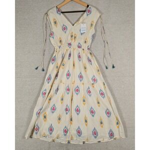 Mer St. Barth Noemie Shoulder Tie Maxi‎ Dress Gold Blue Ikat Small NWT